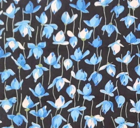 Vintage 34" WIDE Black Fabric / Blue and White Flower Print - Selvage to Selvage Print