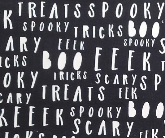 Riley Black Design Pattern GC11924 Bad to the Bone My Mind's Eye "Paper Goods"-Black Glow in the Dark Fabric/White Eek, Boo, Treats, Spooky