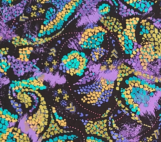 CP28344 Paisley Fragment, Springmaid Springs Creative Products Group - Black and Bright Purple, Gold, Teal and Olive Print Fabric