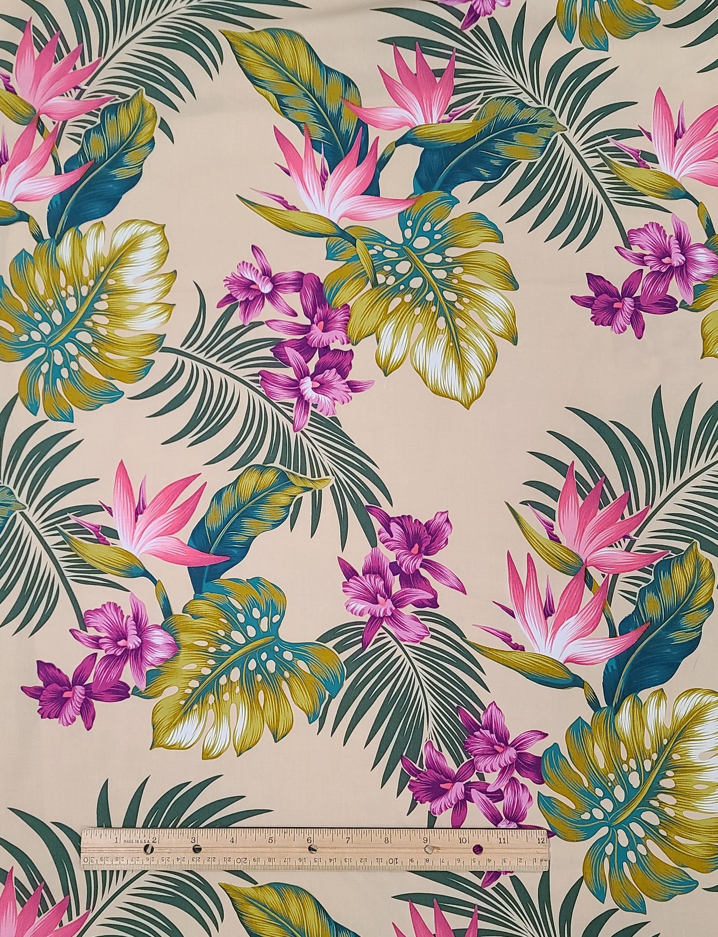 David Textiles Printex Fabrics Inc - Ecru Fabric / Large Bright Pink, Magenta, Purple Tropical Flower Pattern / Dark Aqua and Gold Leaves