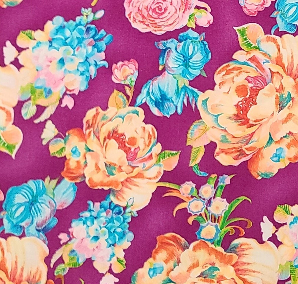 Judy Hand Screen Print D#1231 - Bright Raspberry Fabric / Bright Blue, Pink, Orange, Coral Flower Print