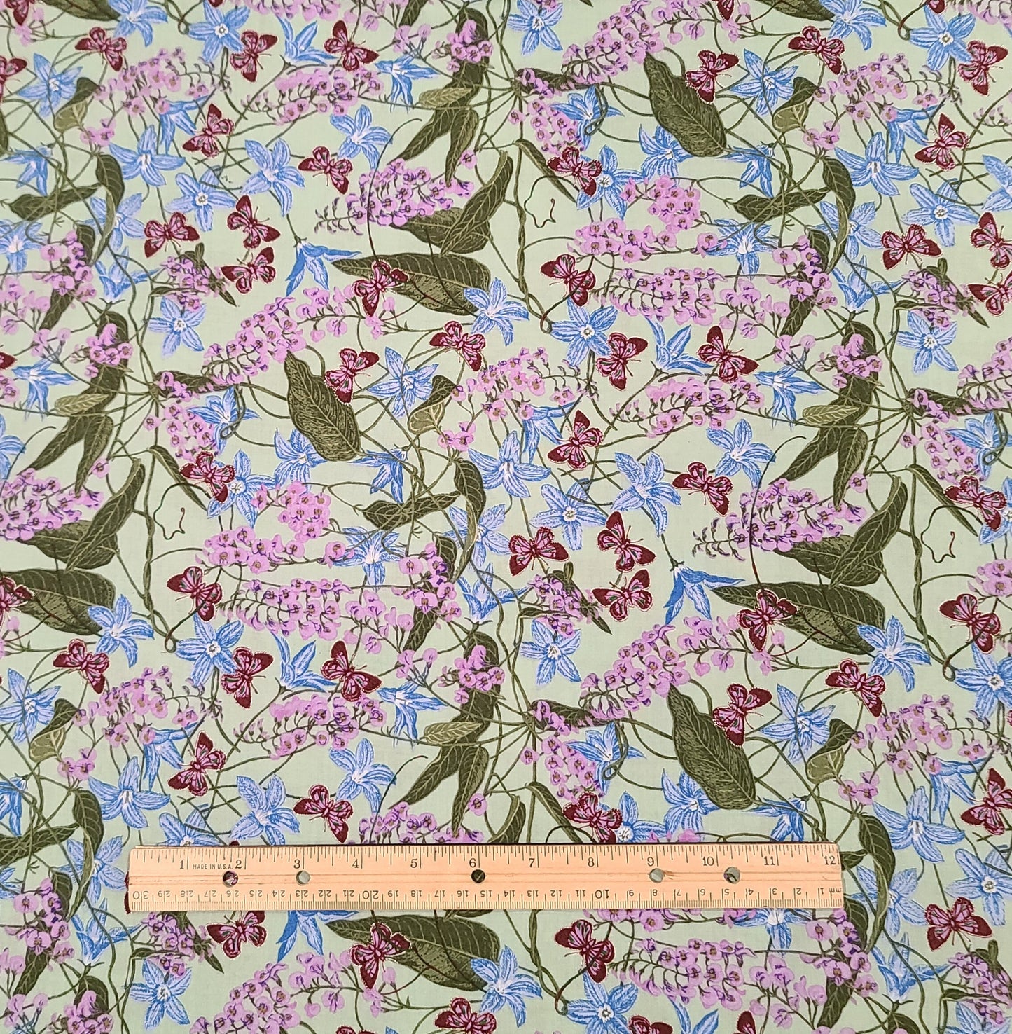 Marion Chapman M&S Textiles Australia - Mint Green Fabric / Dark, Light Purple, Medium, Light Blue Flower Butterfly Print / Gold Met Accents