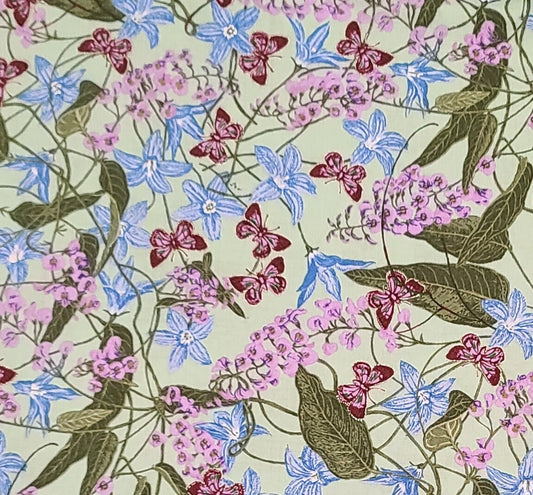 Marion Chapman M&S Textiles Australia - Mint Green Fabric / Dark, Light Purple, Medium, Light Blue Flower Butterfly Print / Gold Met Accents