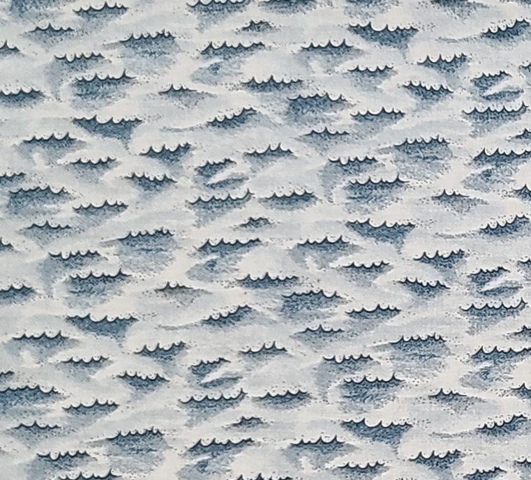 Checkered Past by Kathi Walters for SSI - Light Blue and White Tonal Fabric / Dark Blue "Wave" Print