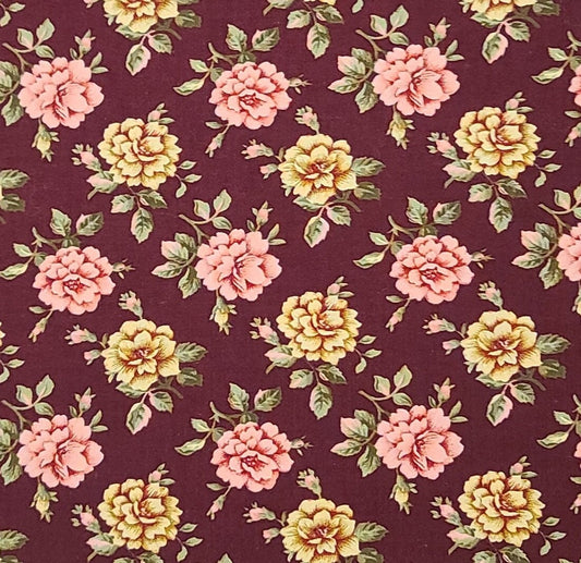 Timeless Treasures 2006 D#FLEUR 9461 - Maroon Fabric / Pink and Light Gold Rose Pattern