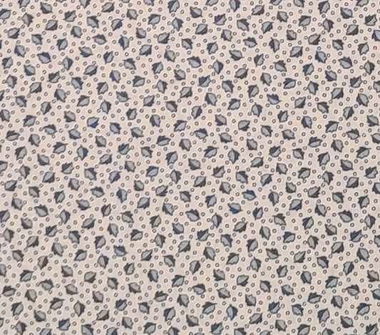 Fabric Traditions 1992 #1289 - White Fabric / Tiny Two-Tone Blue Leaf Print and Bubbles