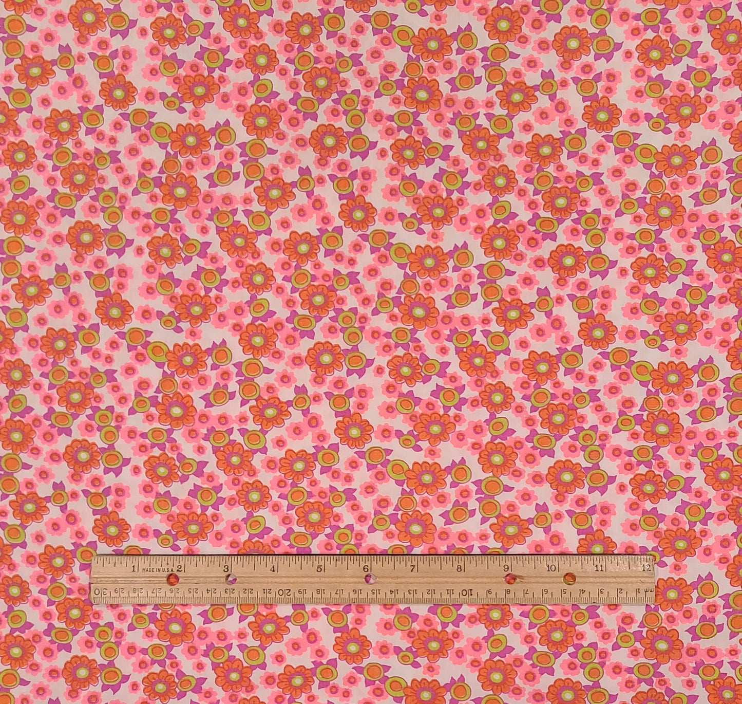 Vintage 36" WIDE White Fabric / Orange, Pink and Purple Geometric Flower Print - Selvage to Selvage Print