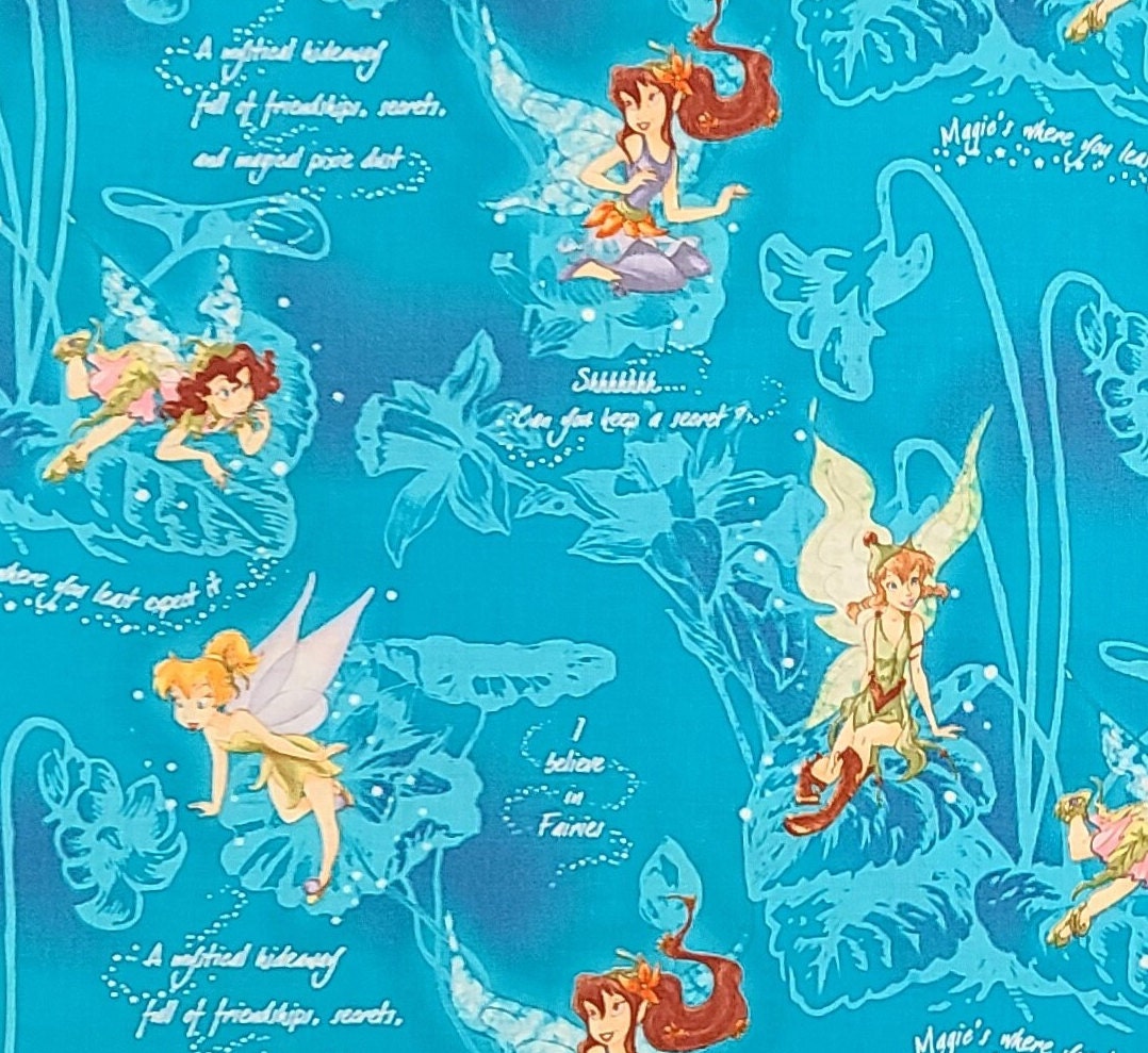 CP24740 Fairies Secret Scenic Disney for Springs Creative Products Group LLC - Bright Blue Fabric / Fairy and Script Print