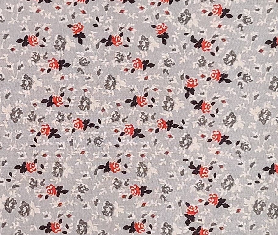 Keepsake Calico Exclusively for JoAnn Fabric & Craft - Gray Fabric / Black, Red and White Flower Print