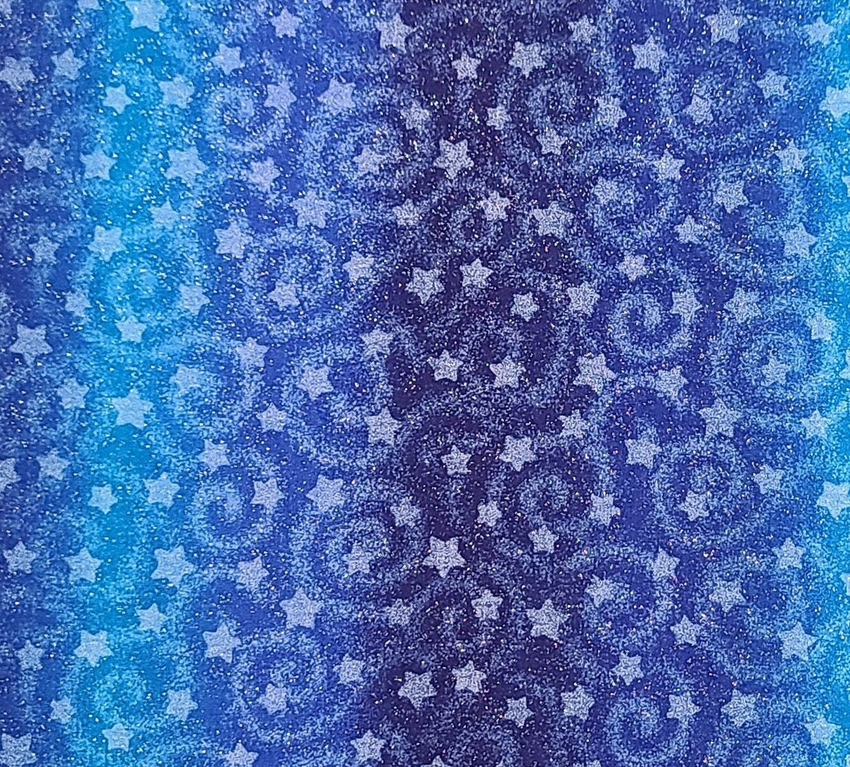 Fabric Traditions 1997 - Dark Blue and Royal Blue Tonal Stripe Fabric / "Sponged" Star and Swirl Pattern / Silver Overall Glitter Frost