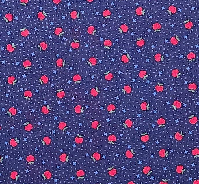 VIP Cranston Print Works - Dark Blue Fabric / Light Blue Star and Dot Background / Tiny Red Apple Print