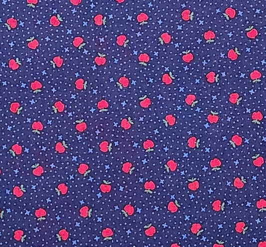 VIP Cranston Print Works - Dark Blue Fabric / Light Blue Star and Dot Background / Tiny Red Apple Print