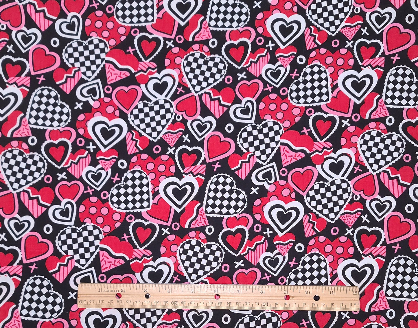 Black Fabric / Red, Pink and White Heart, X&O Print