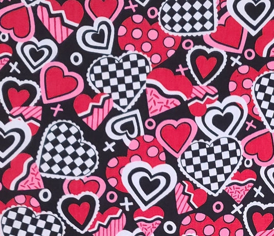 Black Fabric / Red, Pink and White Heart, X&O Print