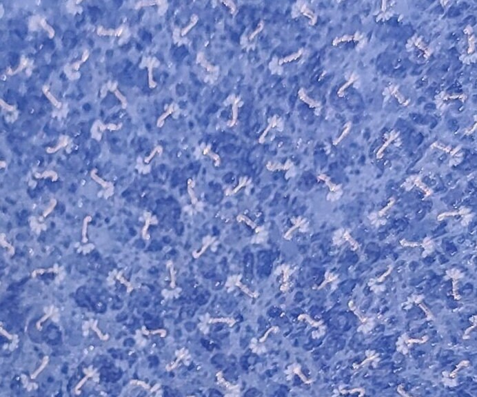 Fabric Traditions 2002 - Medium Blue Tonal Fabric / White Flower Print / Silver Metallic Stems / Allover Iridescent Glitter