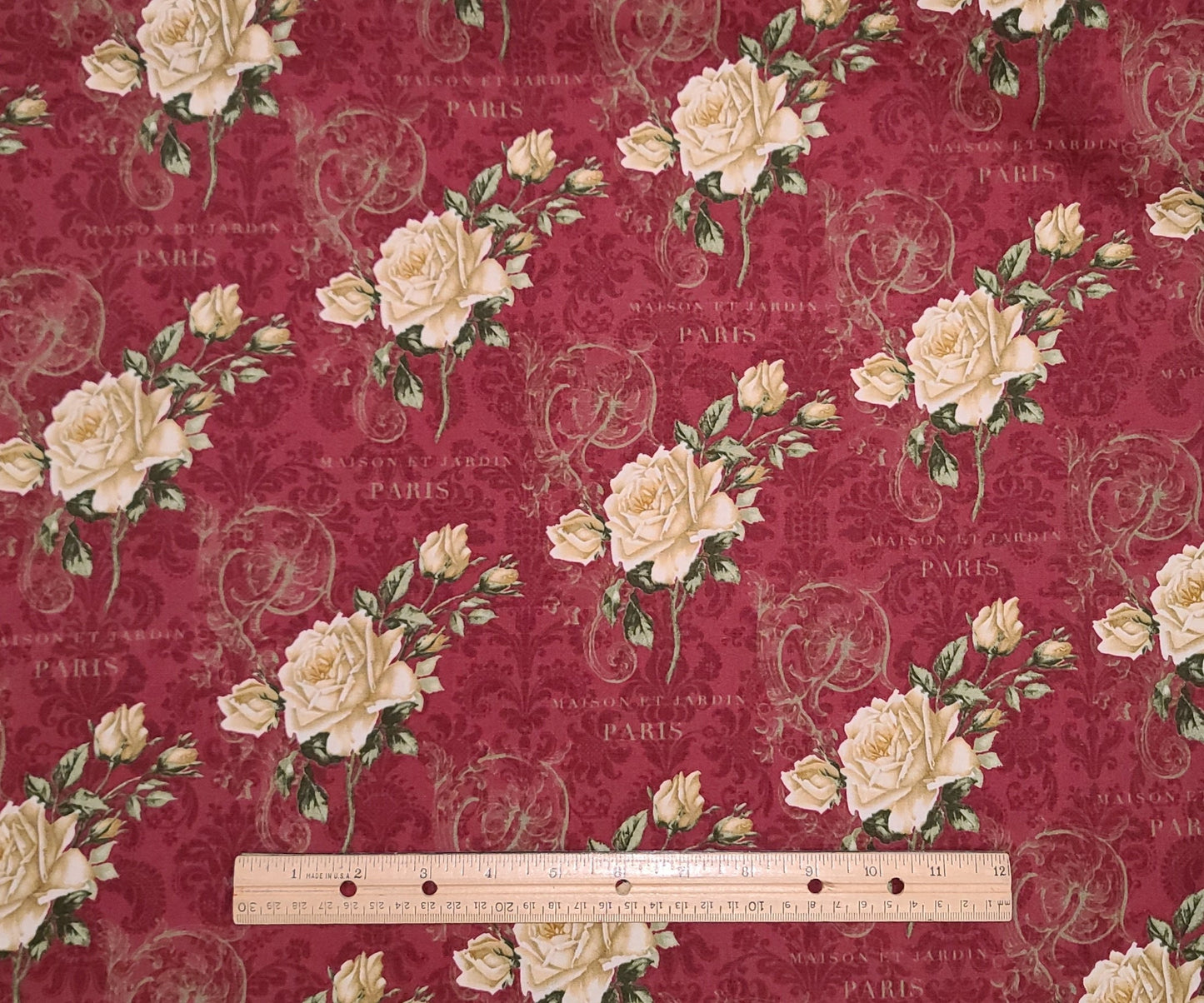 Paris Roses by Paula Scaletta Blue Hill Fabrics PATT#8047 - 42" WIDE Wine Colored Fabric / Fleur d Leis Pattern / Cream and Gold Rose Print