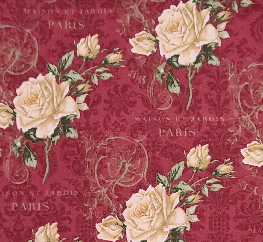 Paris Roses by Paula Scaletta Blue Hill Fabrics PATT#8047 - 42" WIDE Wine Colored Fabric / Fleur d Leis Pattern / Cream and Gold Rose Print