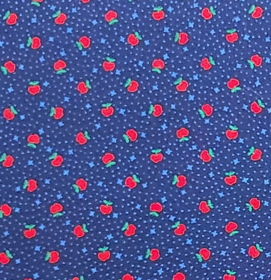 A VIP Cranston Print Works - Dark Blue Fabric / Light Blue Star and Dot Pattern with Scattered Print of Small Red Apples