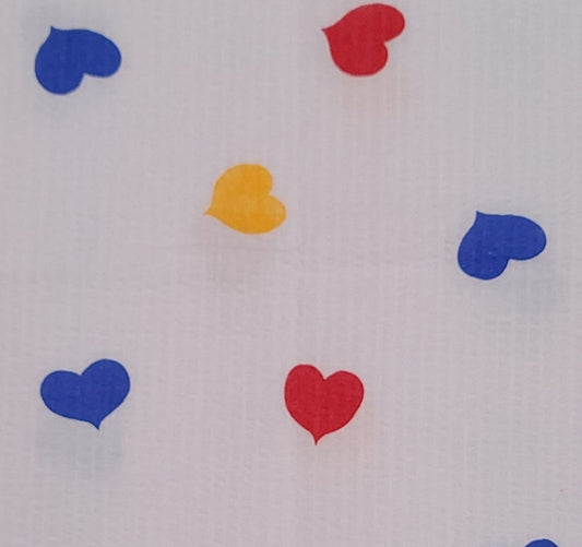 Crinkle Cotton - White Fabric / Primary Colored Heart Print