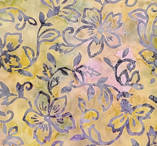 EOB - BATIK - Green, Yellow and Lavender Patterned Fabric / Purple Flower Tjap