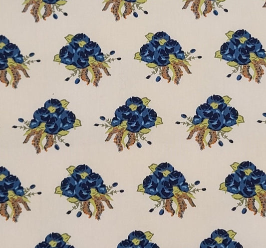 Splendor 1920 Designed by Bari J for Art Gallery Fabrics - Light Butter Yellow Fabric / Dark Blue Flower Bouquet Print