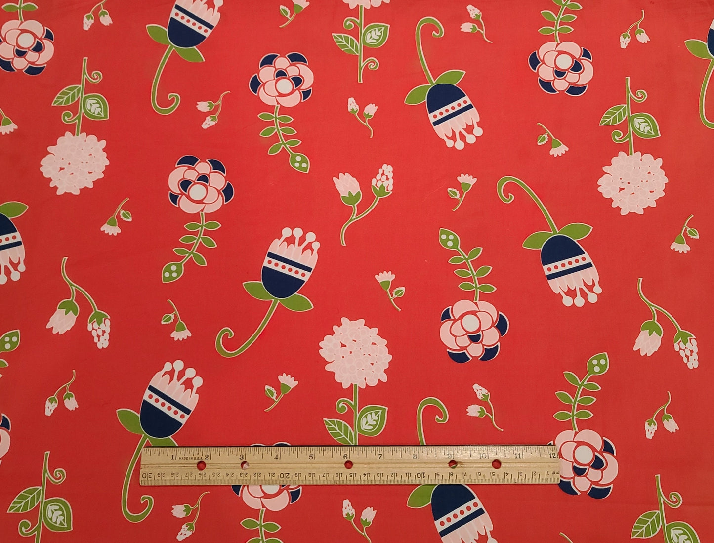 60" WIDE Dark Coral Fabric / Large Scale White and Bright Green Flower and Leaf Print