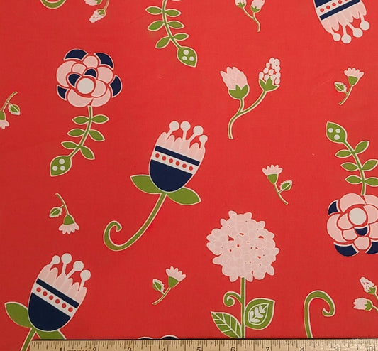 60" WIDE Dark Coral Fabric / Large Scale White and Bright Green Flower and Leaf Print