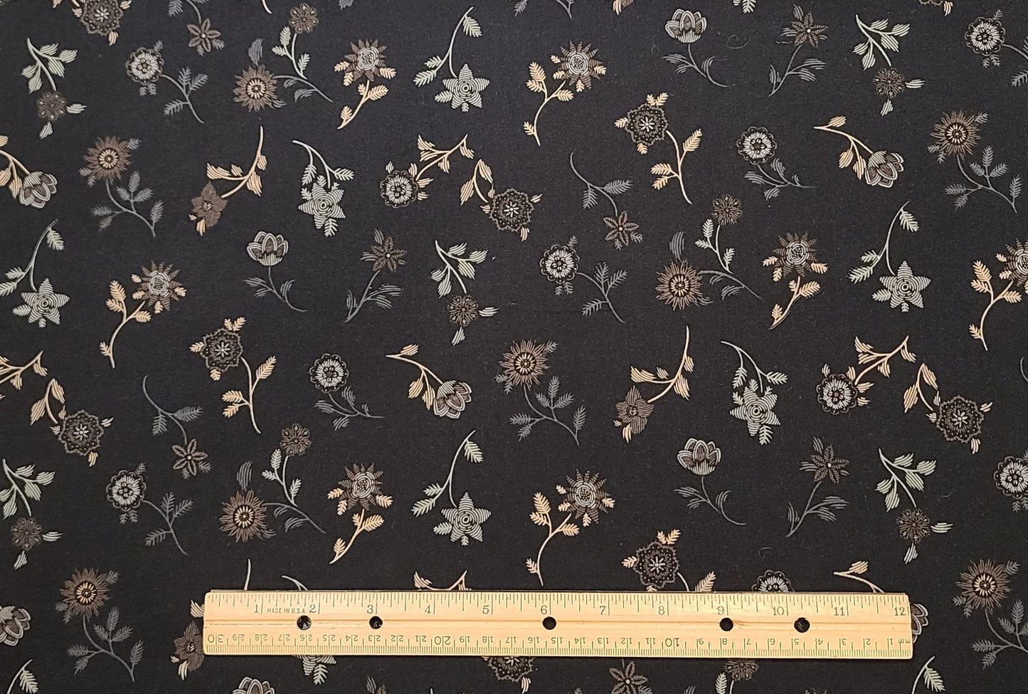 Masterworks by Kathy Hall for Andover Fabrics PATT 4074 - Black Fabric / Tan, Gray, Light Brown Flower Print