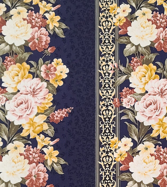 Timeless Treasures Fabrics PATT#FLEUR-C 6252 - Dark Blue Border Print Fabric / Tonal Leaves / Pink, Gold Floral Stripe, Olive Leaves