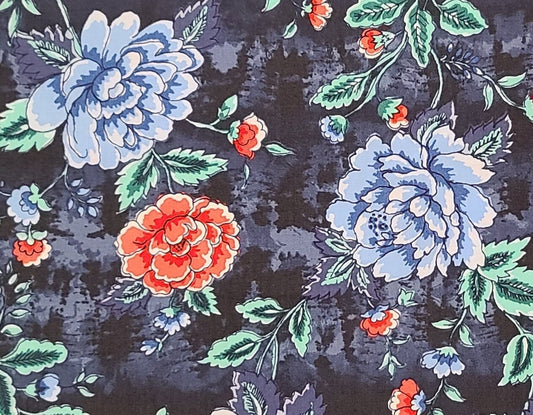 Buttercream Printed in Korea for JoAnn - Midnight Blue and Medium Blue Tonal Fabric / Light Blue and Red Flower Print / Mint Green Leaves