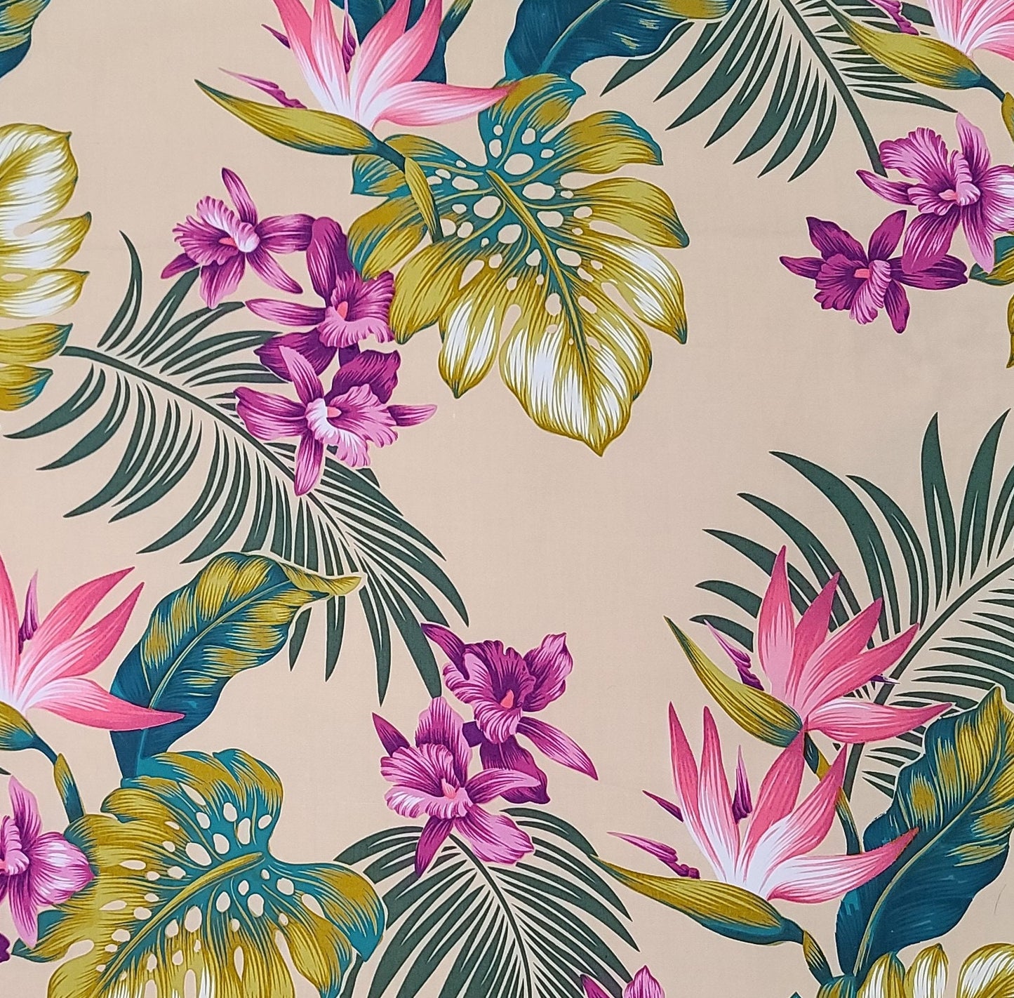 David Textiles Printex Fabrics Inc - Ecru Fabric / Large Bright Pink, Magenta, Purple Tropical Flower Pattern / Dark Aqua and Gold Leaves