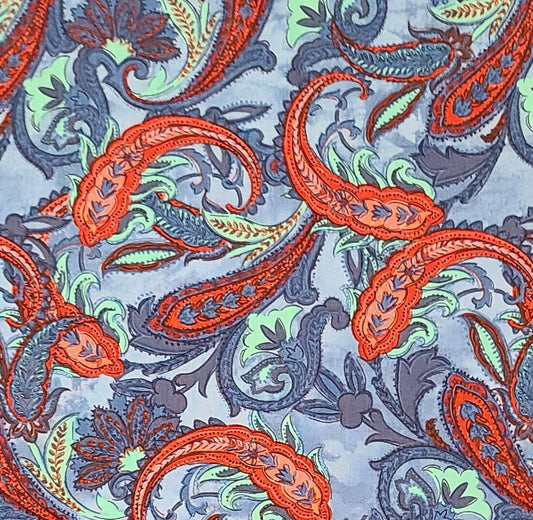 Buttercream Printed in Korea for JoAnn - Medium Blue Tonal Fabric / Dark Blue, Aqua and Red Flower and Paisley Print