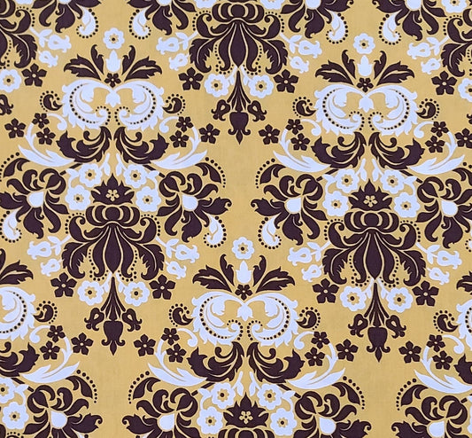 Gold Fabric / Espresso and White French Colonial Style Vintage Flower Print - 60" WIDE - 65 Cotton/35 Poly Blend