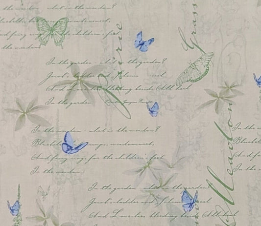 EOB - Morning Meadow by Barb Tourtillotte for Clothworks - Pale Green Fabric / Green Script and Butterflies / Two-Tone Blue Butterfly