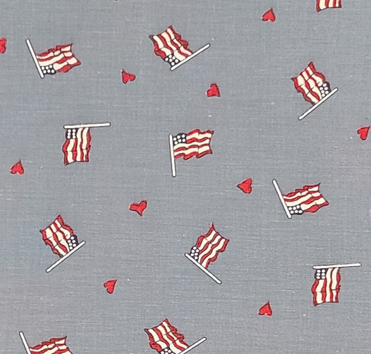 The Country Heart Homespun Collection - Slate Blue Fabric / Scattered Flags and Heart Print