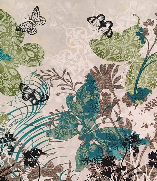 Floragraphix II Jason Yenter In the Beginning Fabric 2008-Double-Border Fabric/Gray, White, Brown, Teal, Olive, Black Floral/Butterfly Print