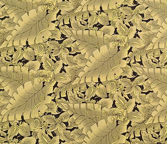 EOB - BTR-4738 Ellen Edith for Blank Quilting 2007 - Bright Olive, Black and Yellow Leaf and Ribbon Print Fabric