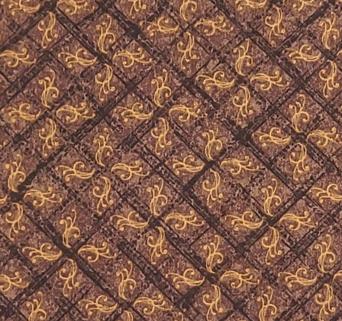 Journey by Gudrun Erla for Red Rooster Fabrics DSN#18600 - Brown Fabric / Dark Brown Diamond and Gold Vintage Scroll Pattern