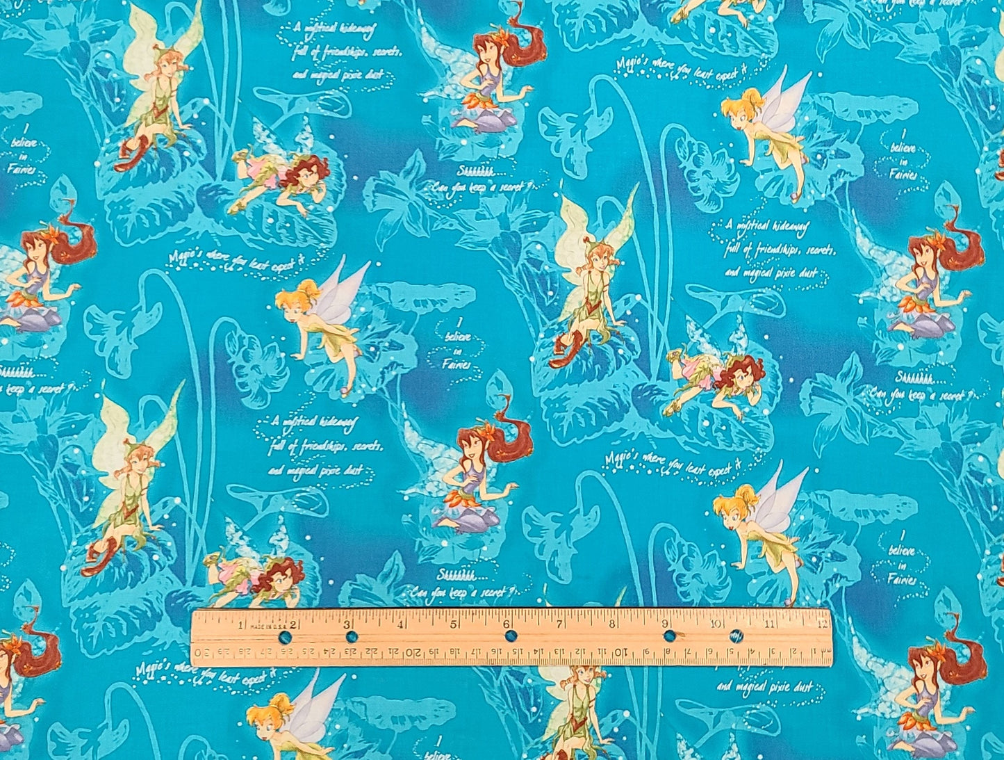 CP24740 Fairies Secret Scenic Disney for Springs Creative Products Group LLC - Bright Blue Fabric / Fairy and Script Print