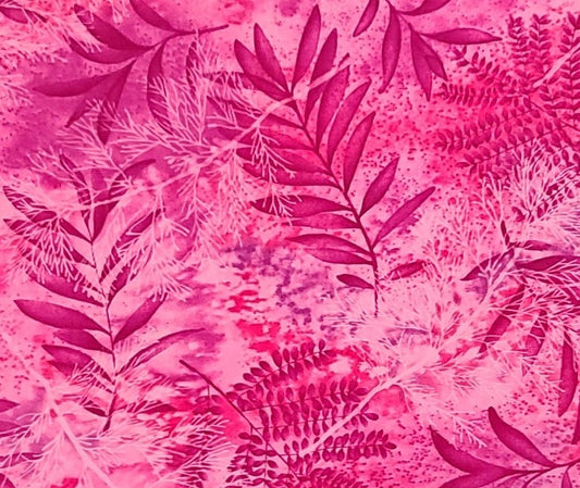 Timeless Treasures Fabrics Patt#FERN-C6323 - Bright Pink, Raspberry and Purple Batik-Style Fabric / Allover Fern Print