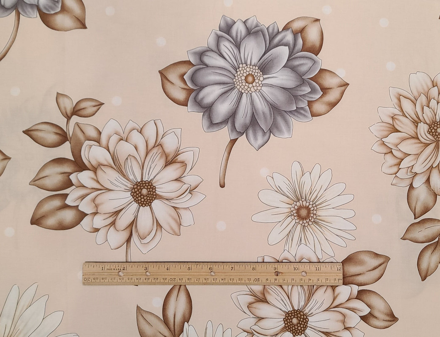 Mocha Meringue by Michele D'Amore for Marcus Fabrics - Beige Fabric / Large Scale Gray and Light Brown Floral Print.