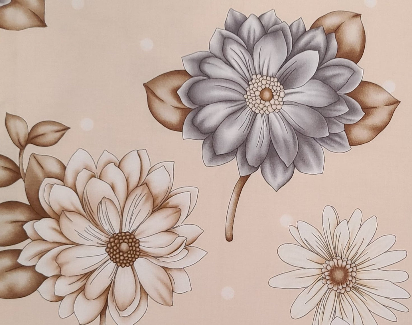 Mocha Meringue by Michele D'Amore for Marcus Fabrics - Beige Fabric / Large Scale Gray and Light Brown Floral Print.