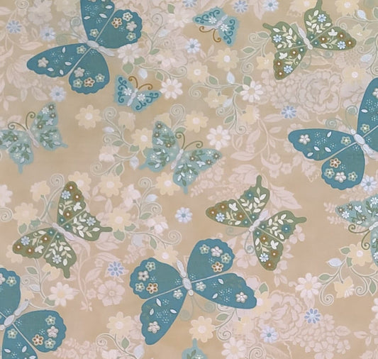 Papillon Style #F8024 by Hoffman California International Fabric - Light Tan Fabric / Teal, Aqua and Green Butterfly Print