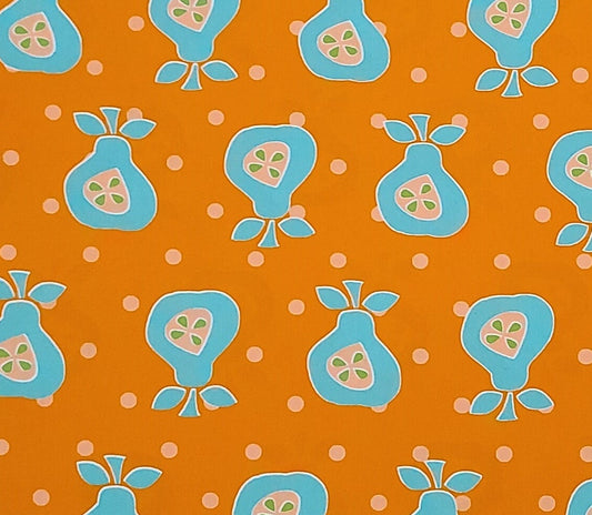 60" WIDE Orange Fabric / Light Orange Polka Dot Print / Aqua, Peach and Green Pear Print - Selvage to Selvage Print