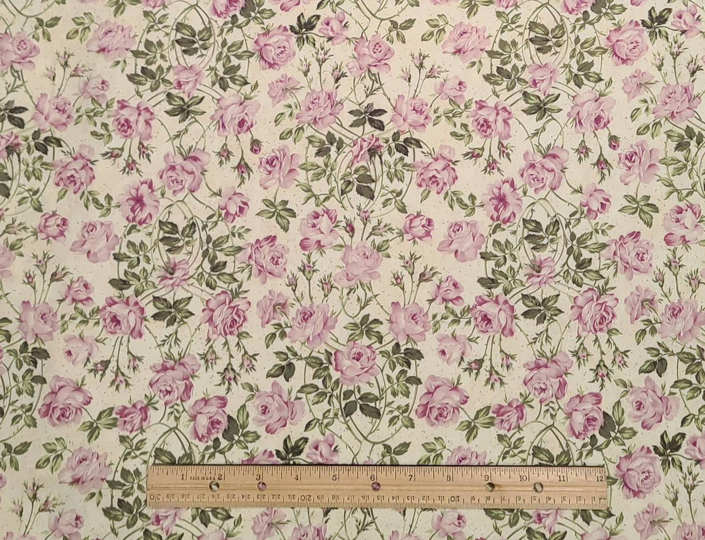 Rose Garden Tea for Two #2133 by Ro Gregg Northcott Quest for a Cure - Pale Yellow Fabric / Pink Vining Rose and Dark Olive Leaf Print.