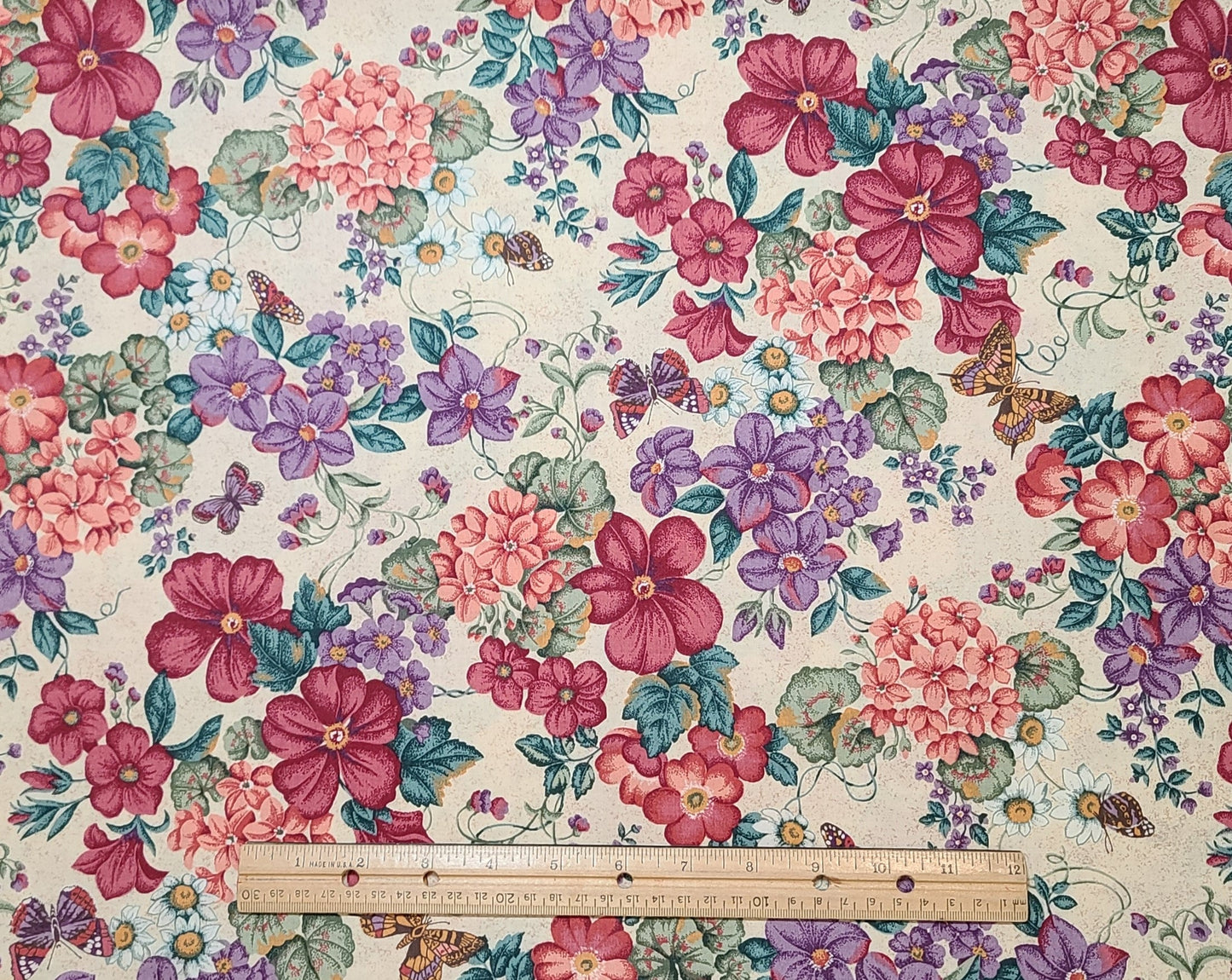 VIP Cranston Print Works - Cream Fabric with Light Tan Speckle / Purple, Red, Coral and Green Flower and Butterfly Print