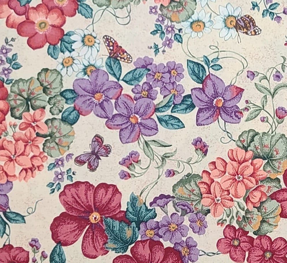 VIP Cranston Print Works - Cream Fabric with Light Tan Speckle / Purple, Red, Coral and Green Flower and Butterfly Print