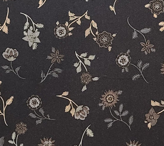 Masterworks by Kathy Hall for Andover Fabrics PATT 4074 - Black Fabric / Tan, Gray, Light Brown Flower Print