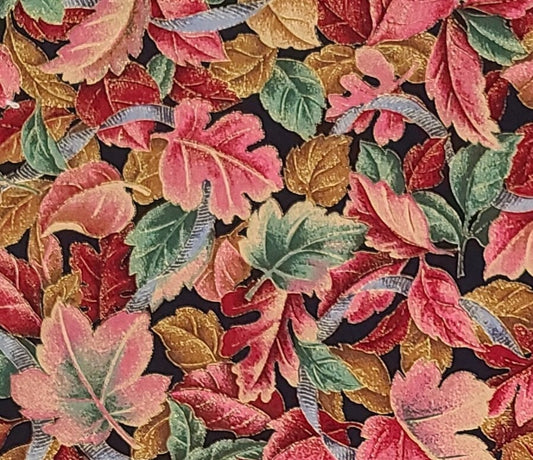 VIP Cranston Print Works - Black Fabric / Red, Pink, Pale Blue, Green Leaf Print / Gold Metallic Accents