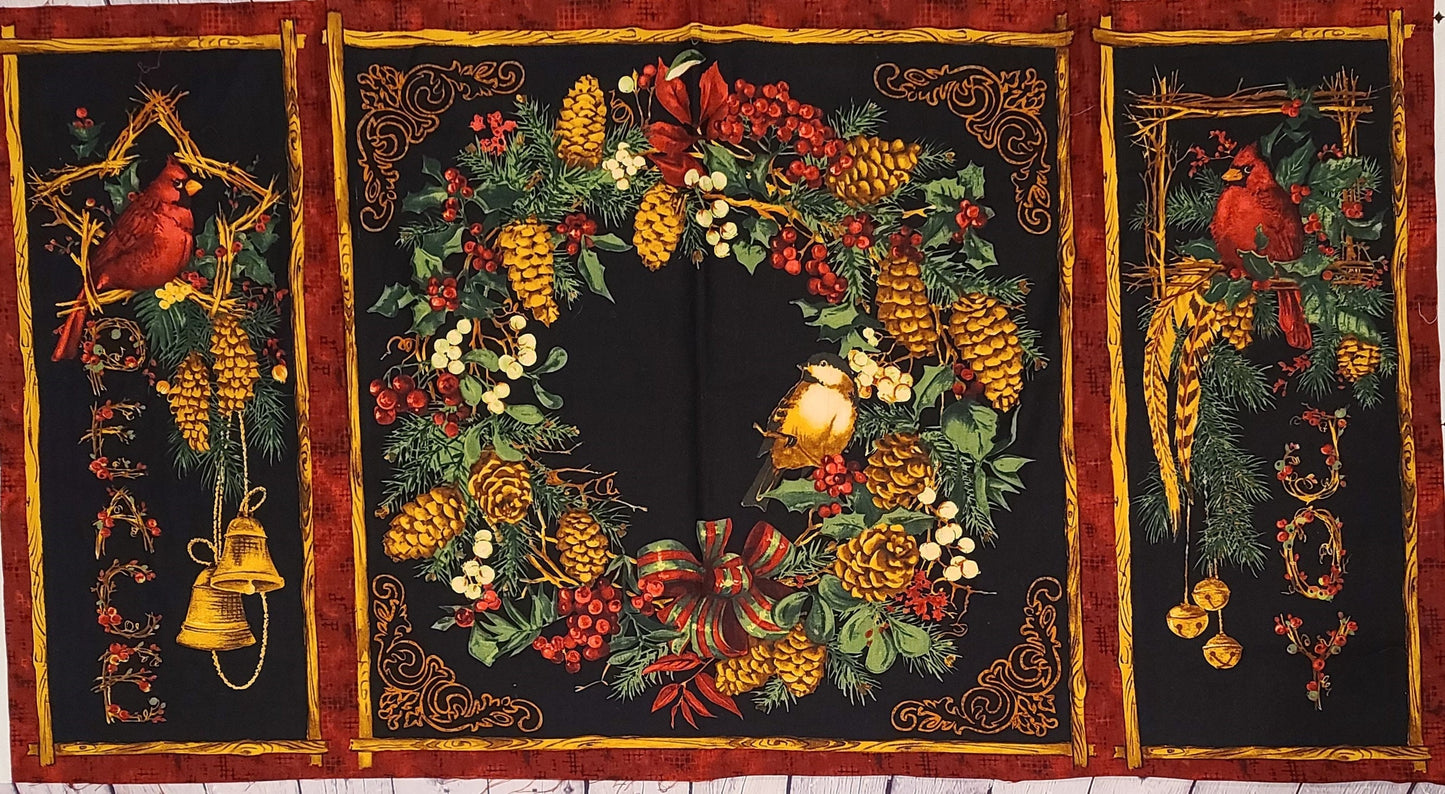 PANEL - Random Thoughts Anita Phillips Licensed to WP - Appr 23" x WOF - Black, Green, Red, Tan Christmas/Wreath 3-Part Fabric Panel